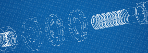 cad blueprint of a bolt, washer, and nut