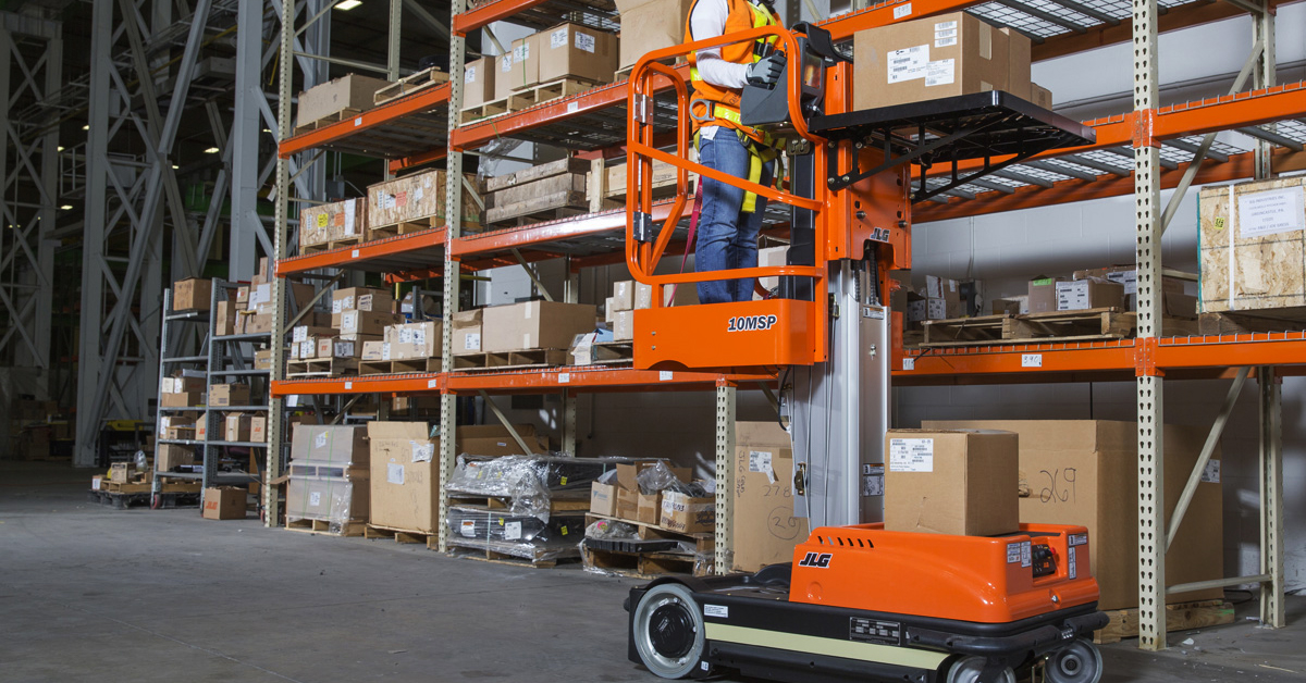 forklift in industrial storeroom facility moving mro products