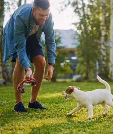 Safety employee playing with familty dog