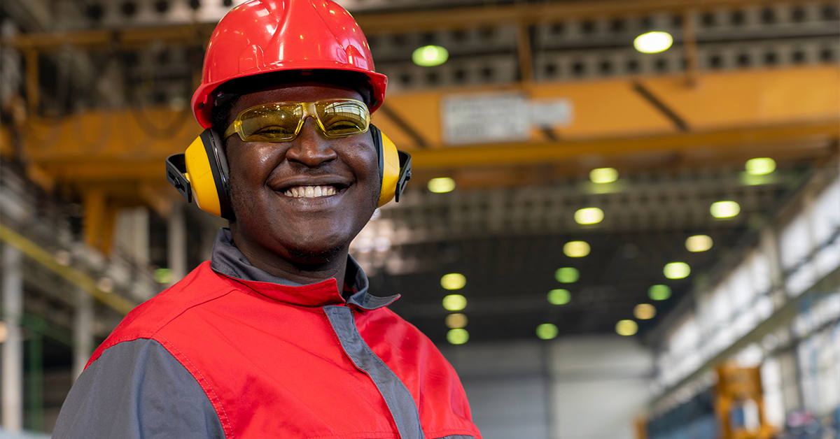 Industrial employee with safety hearing protection