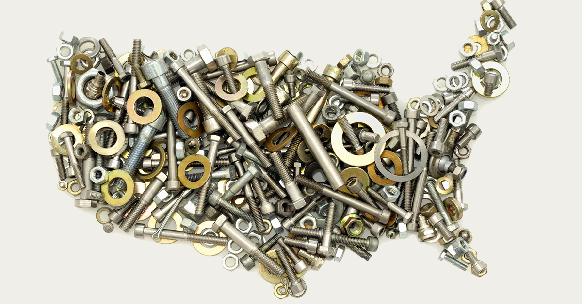 Variety of oem fastener parts in the shape of USA