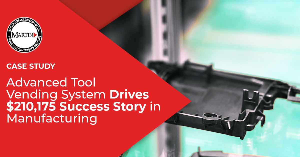 Case study image titled 'Advanced Tool Vending System Drives $210,175 Success Story in Manufacturing,' featuring a plastic component in a manufacturing setting.