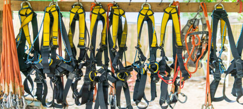 Row of used fall protection harnesses hanging at jobsite