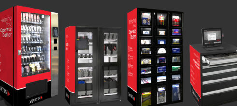 A selection of red and black industrial vending machines from Martin Supply, showcasing various models designed for dispensing tools, PPE, and supplies.