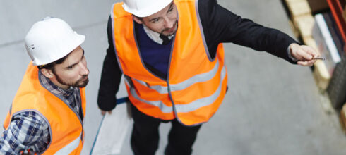 safety director in hi-vis ppe showing customer around industrial plant